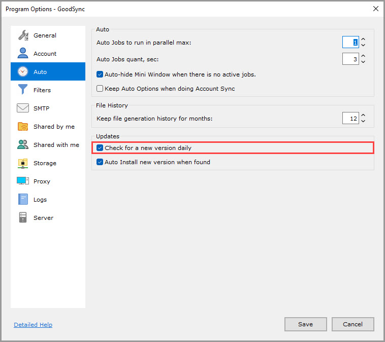 Screenshot highlighting the 'Check for a new version daily' setting in the 'Auto' section of the GoodSync Program Options