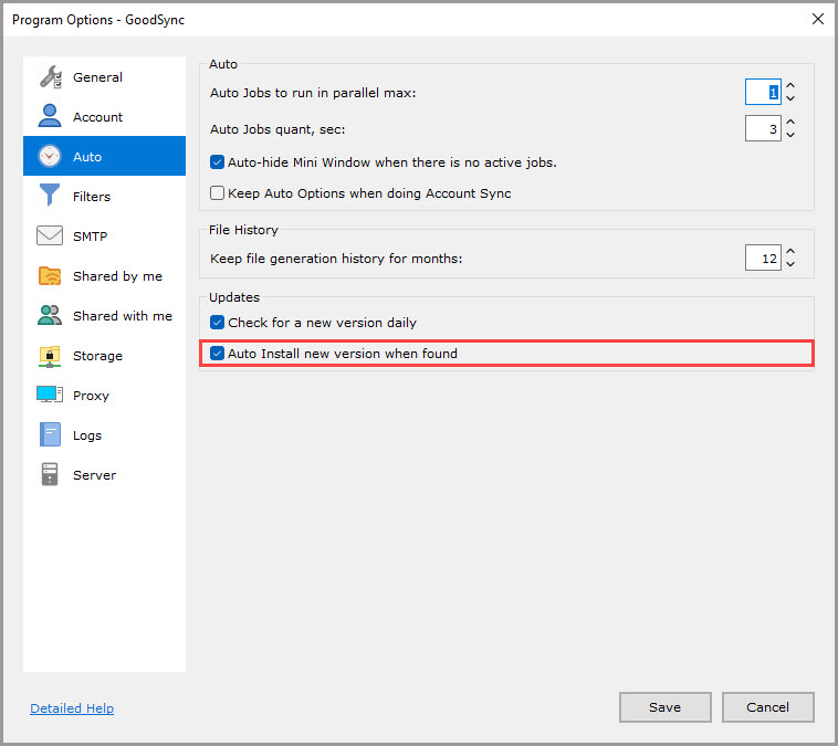 Screenshot highlighting the 'Auto Install new version when found' setting in the 'Auto' section of the GoodSync Program Options