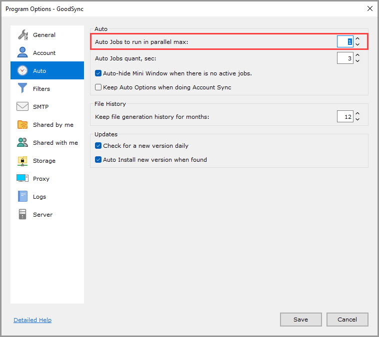 Screenshot highlighting the 'Auto Jobs to run in parallel max' setting in the 'Auto' section of the GoodSync Program Options