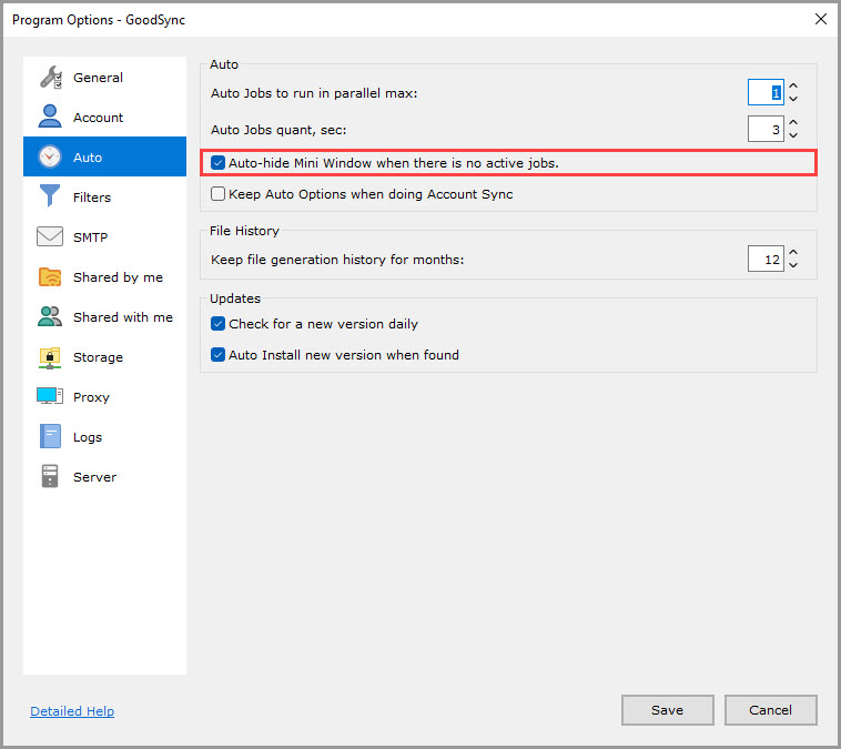 Screenshot highlighting the 'Auto-hide Mini Window when there is no active jobs' setting in the 'Auto' section of the GoodSync Program Options