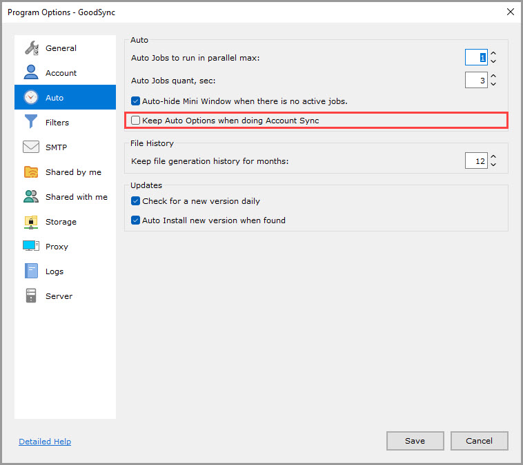 Screenshot highlighting the 'Keep Auto Options when doing Account Sync' setting in the 'Auto' section of the GoodSync Program Options
