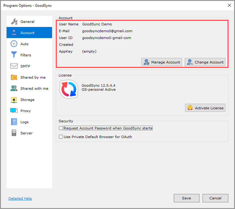 Screenshot highlighting brief details of the current GoodSync Account with the options to manage and change the account