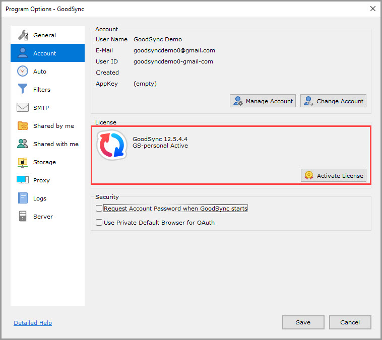 Screenshot highlighting the details about the GoodSync license assigned to the computer with the option to Activate License