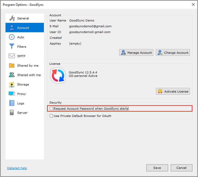 Screenshot highlighting the 'Request Account Password when GoodSync starts' setting in the 'Account' section of the GoodSync Program Options