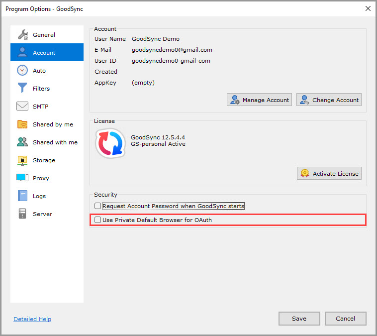 Screenshot highlighting the 'Use Private Default Browser for OAuth' setting in the 'Account' section of the GoodSync Program Options