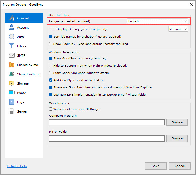 Screenshot highlighting the 'Language' setting in the 'General' section of the GoodSync Program Options
