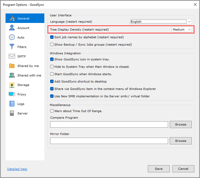 Screenshot highlighting the 'Tree Display Density' setting in the 'General' section of the GoodSync Program Options