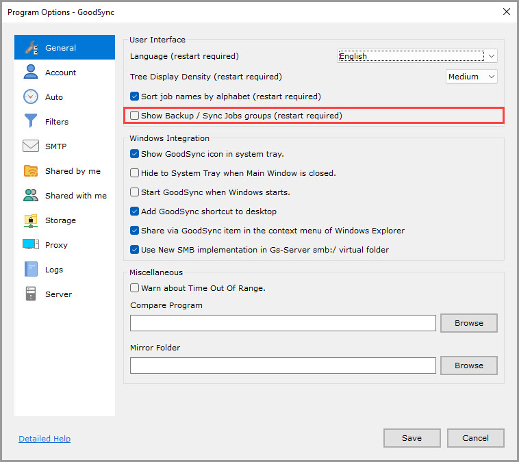 Screenshot highlighting the 'Show Backup / Sync Jobs groups' setting in the 'General' section of the GoodSync Program Options