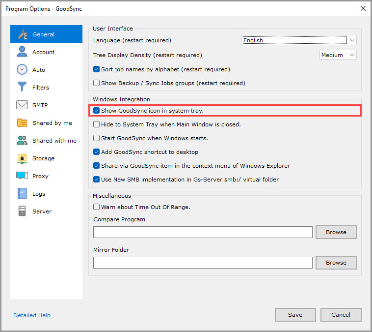 Screenshot highlighting the 'Show GoodSync icon in system tray' setting in the 'General' section of the GoodSync Program Options