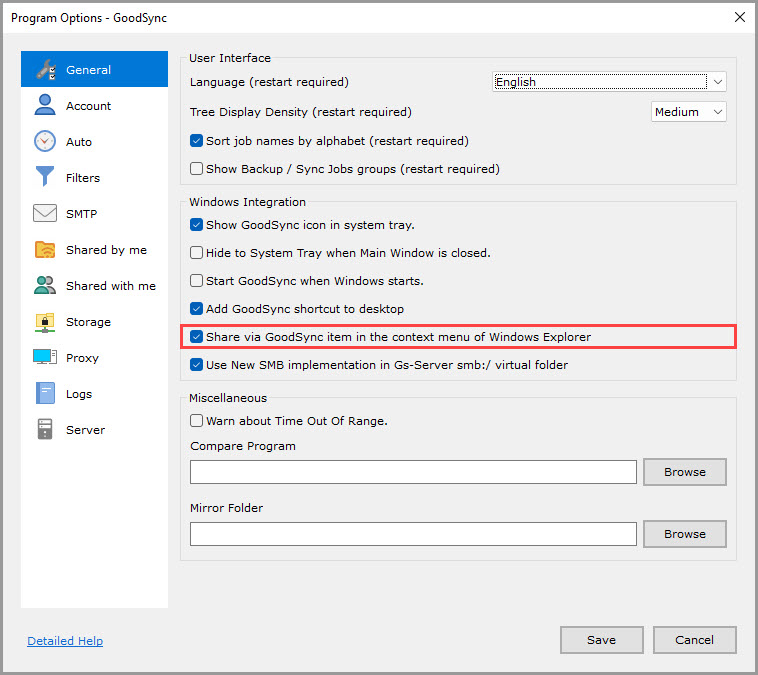 Screenshot highlighting the 'Share via GoodSync item in the context menu of Windows Explorer' setting in the 'General' section of the GoodSync Program Options
