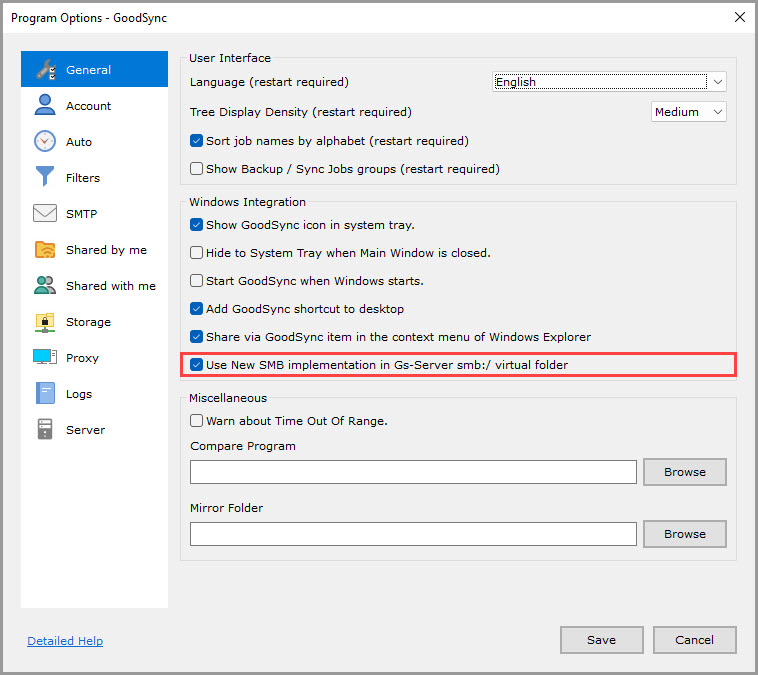 Screenshot highlighting the 'Use New SMB implementation in Gs-Server smb:/ virtual folder' setting in the 'General' section of the GoodSync Program Options