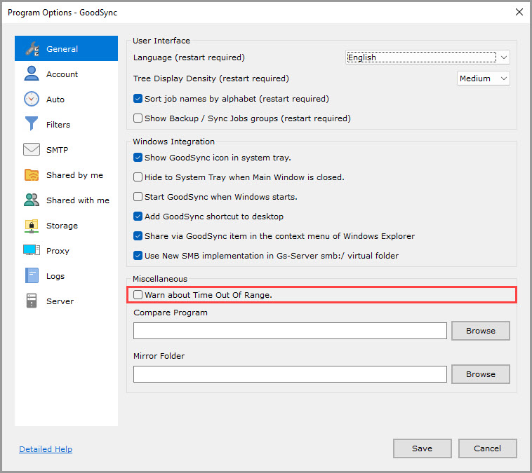 Screenshot highlighting the 'Warn about Time Out Of Range' setting in the 'General' section of the GoodSync Program Options