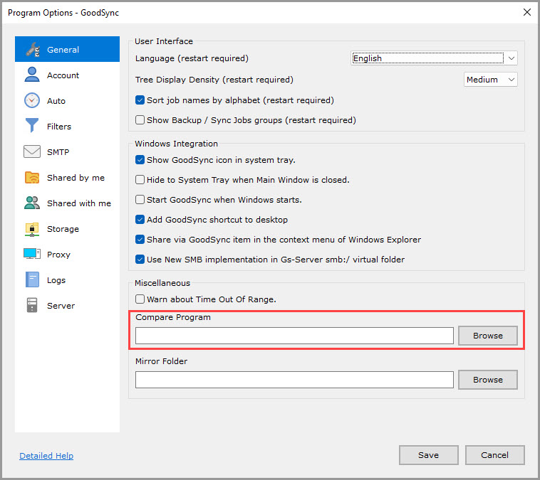 Screenshot highlighting the 'Compare Program' setting in the 'General' section of the GoodSync Program Options