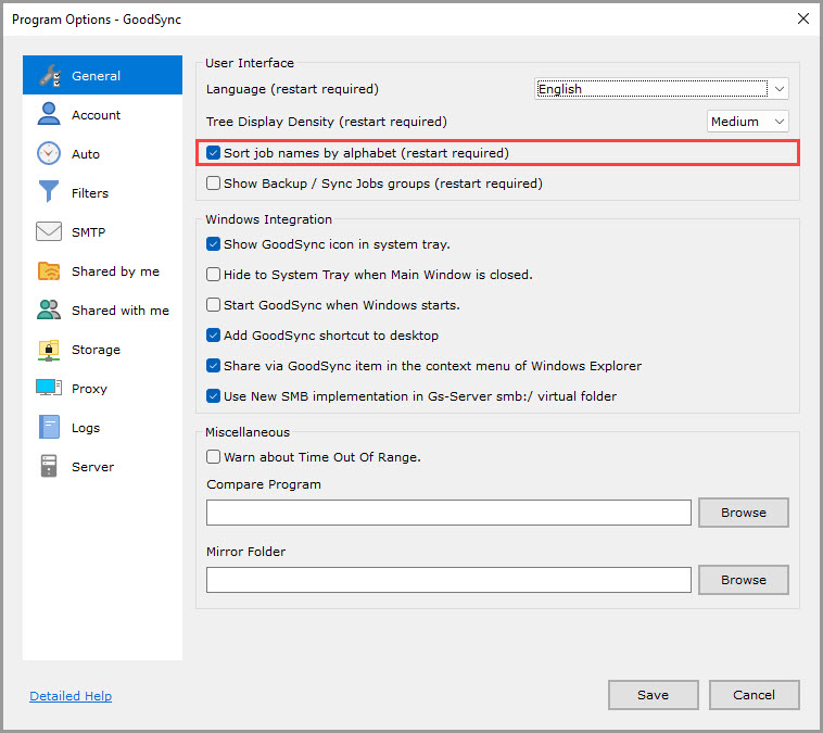 Screenshot highlighting the 'Sort job names by alphabet' setting in the 'General' section of the GoodSync Program Options