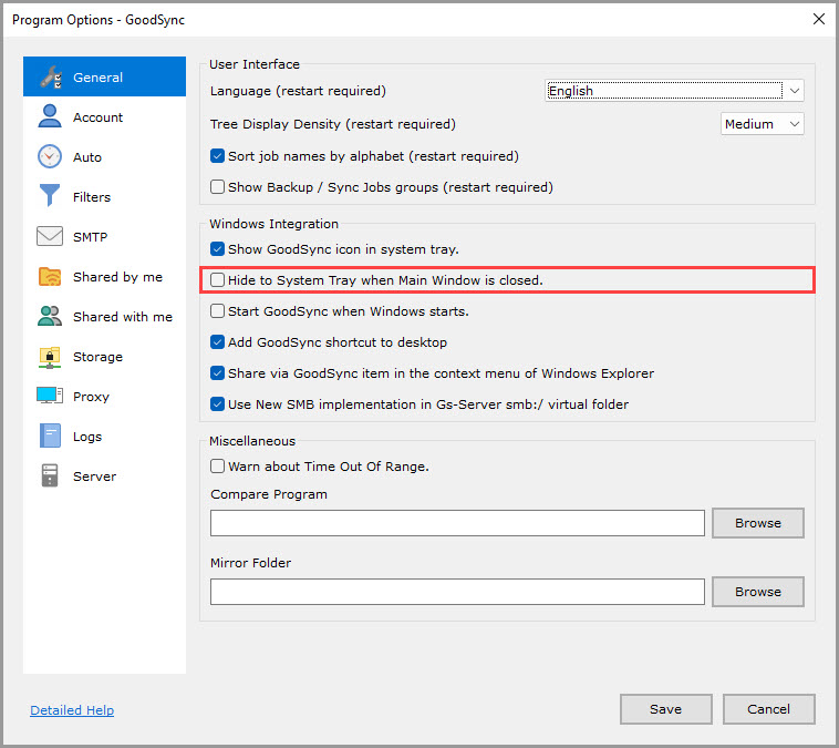 Screenshot highlighting the 'Hide to System Tray when Main Window is closed' setting in the 'General' section of the GoodSync Program Options