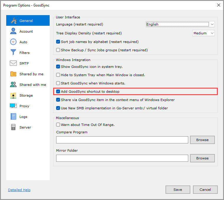 Screenshot highlighting the 'Add GoodSync shortcut to desktop' setting in the 'General' section of the GoodSync Program Options