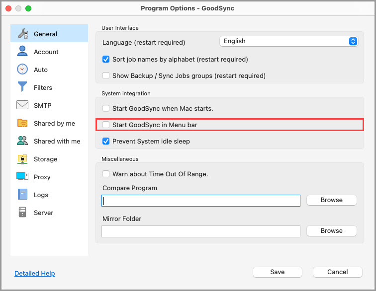 Screenshot highlighting the 'Start GoodSync in Menu bar' setting in the 'General' section of the GoodSync Program Options
