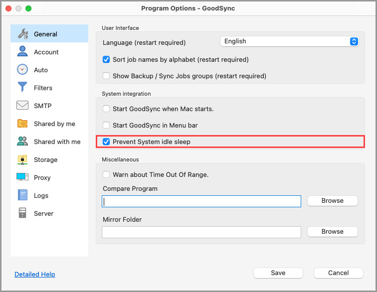 Screenshot highlighting the 'Prevent System idle sleep' setting in the 'General' section of the GoodSync Program Options