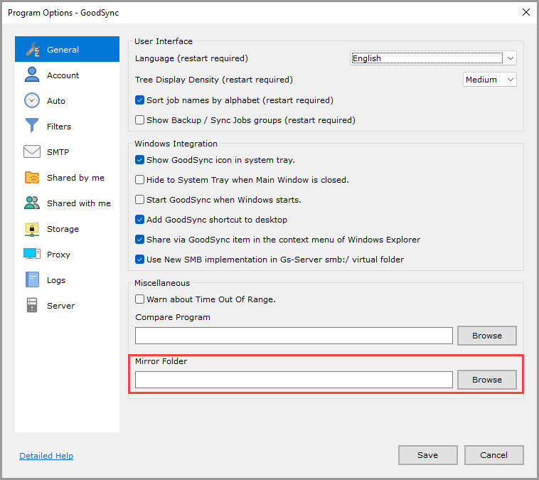 Screenshot highlighting the 'Mirror Folder' setting in the 'General' section of the GoodSync Program Options