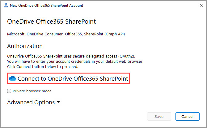 Screenshot showing how to start the process of adding a new OneDrive/Office365/SharePoint account in GoodSync