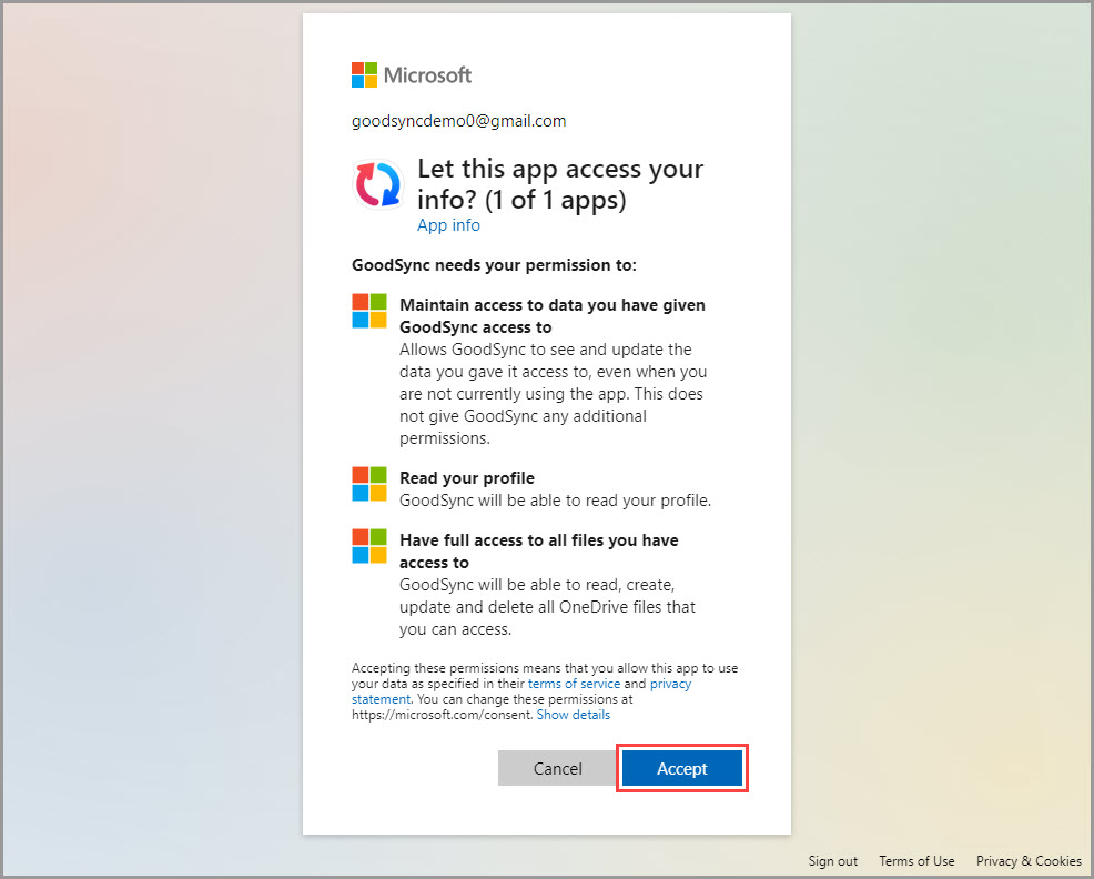 Demonstrating how to grant GoodSync access to the OneDrive/Office365/SharePoint file system