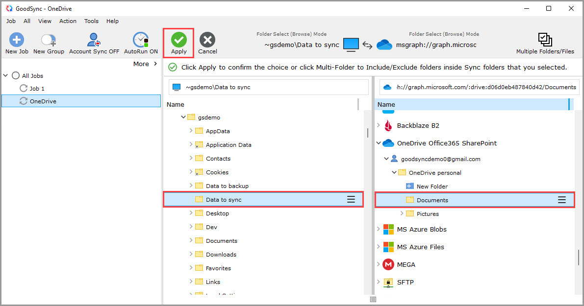 Showing how to select the left and right sync folders in a GoodSync job using the OneDrive/Office365/SharePoint file system