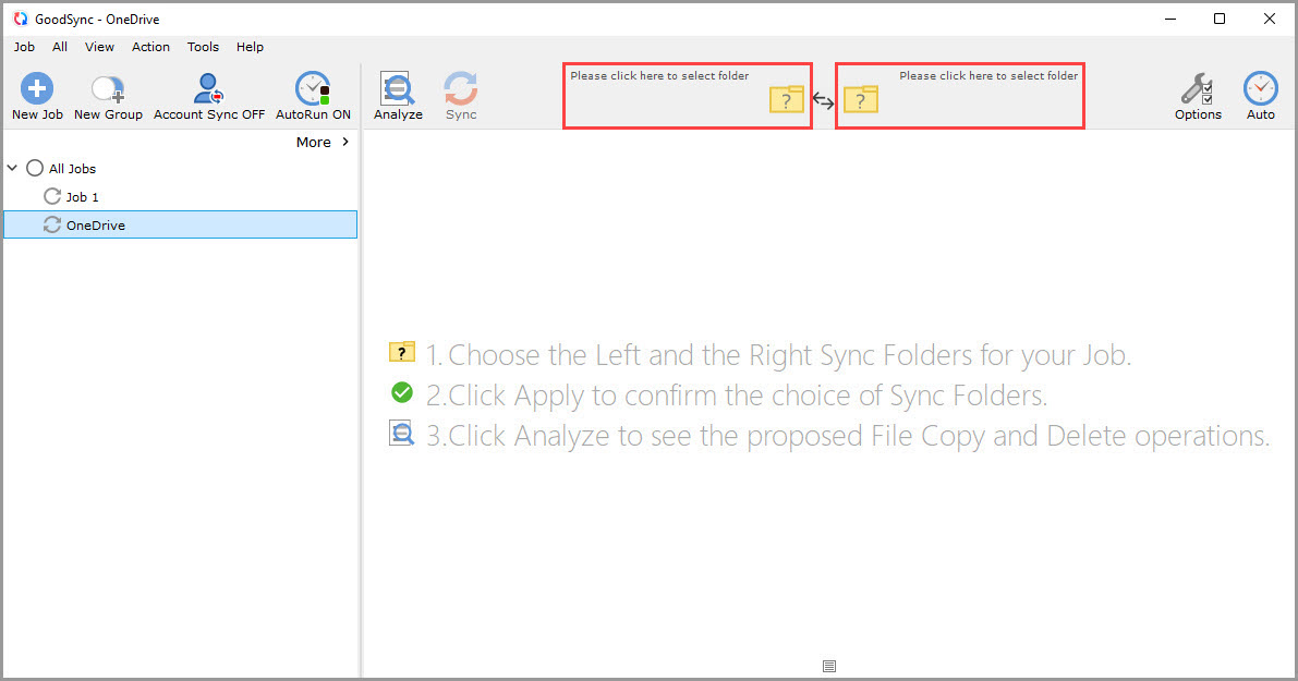 Screenshot of the GoodSync window illustrating how to enter browse mode for sync folder selection
