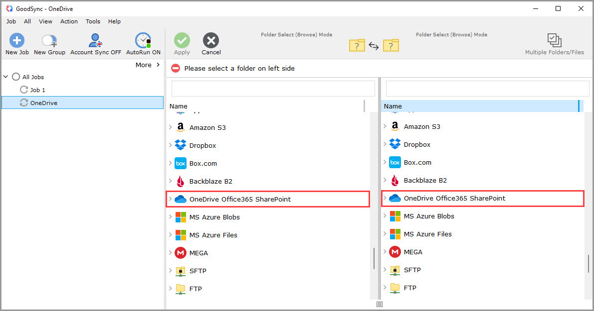 Screenshot of the GoodSync window illustrating how to select the OneDrive/Office365/SharePoint file system