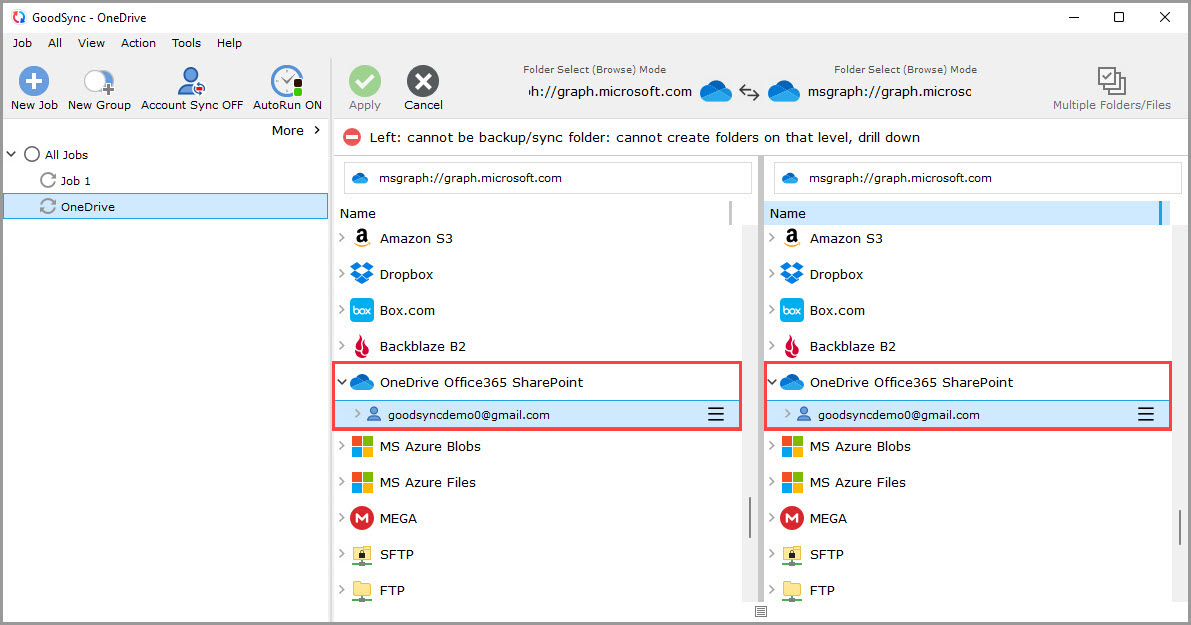 Screenshot displaying the contents of the OneDrive/Office365/SharePoint account in GoodSync browse dialog