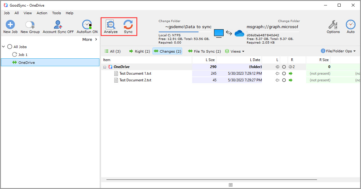 Screenshot demonstrating that a new GoodSync job with OneDrive/Office365/SharePoint is ready to Analyze and Sync