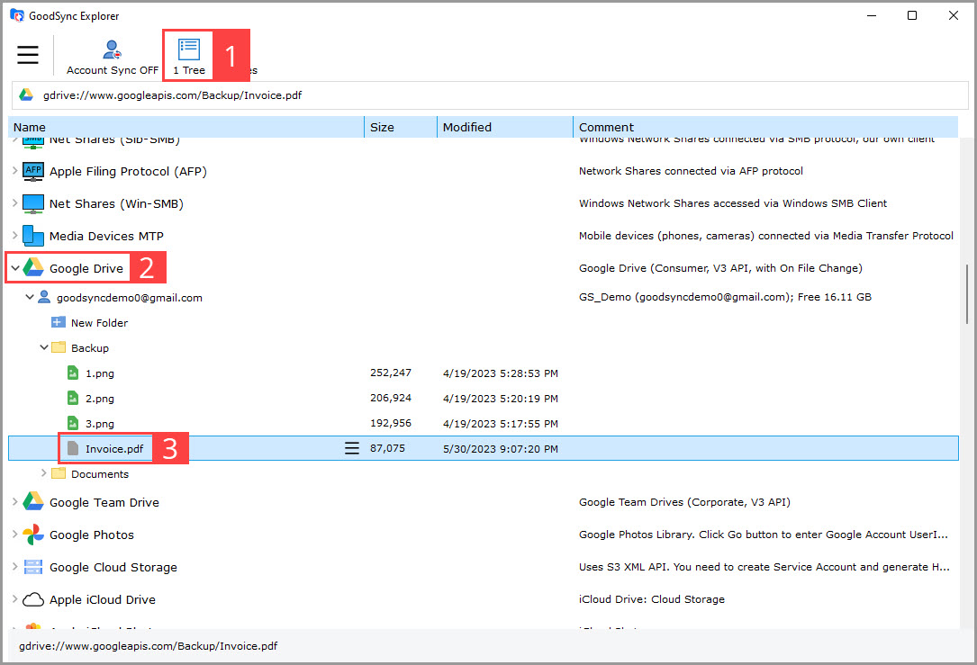 Screenshot demonstrating how to use GoodSync Explorer in One Tree Mode