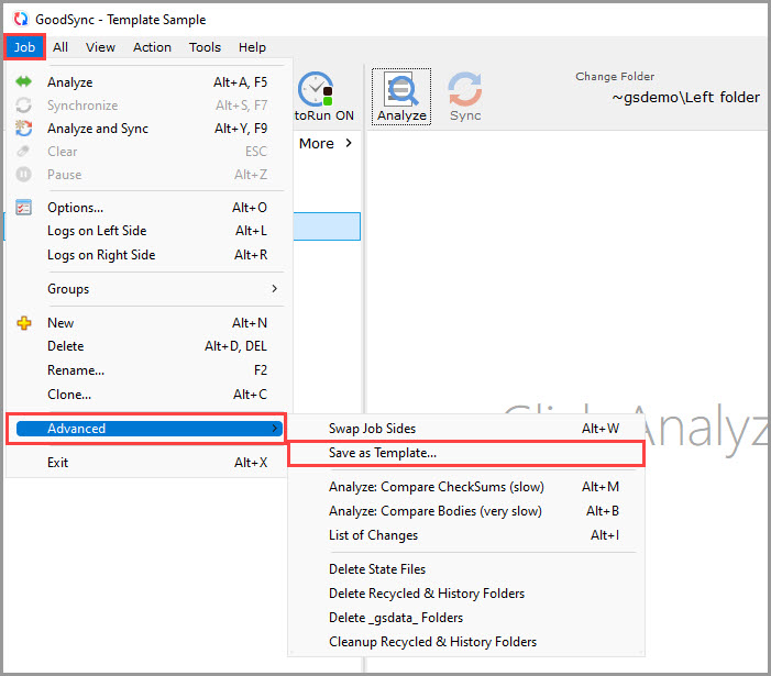 Screenshot illustrating how to access the 'Save as Template' feature in GoodSync
