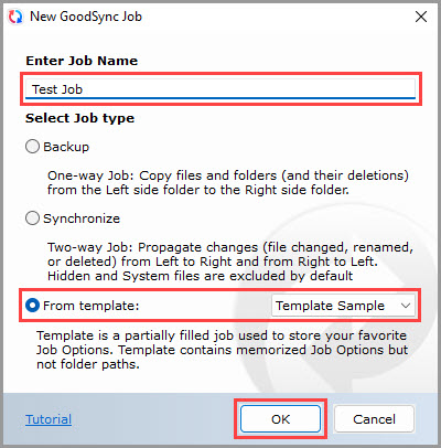 Screenshot demonstrating how to create a new GoodSync Job from a saved Template