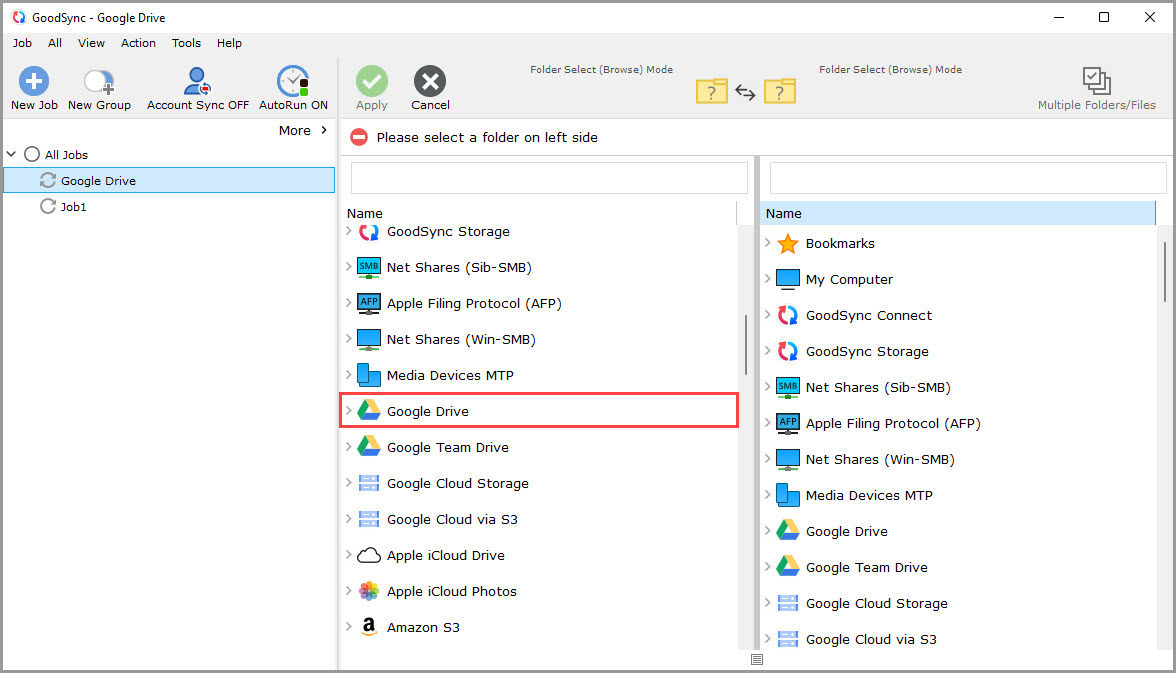 Screenshot of the GoodSync window showing how to select the Google Drive file system