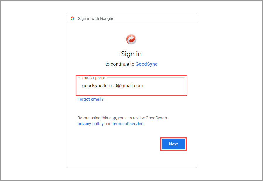 Screenshot showing how to enter a Google Account name on the Google authentication page