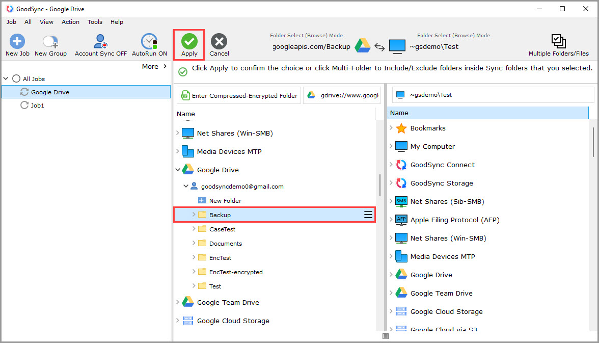 Screenshot displaying the contents of a Google Drive account in the GoodSync browse dialog