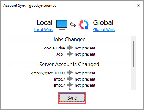 Screenshot demonstrating how to use the 'Account Sync Once' feature in GoodSync