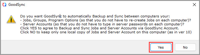 Screenshot showing how to confirm the use of the 'Account Sync Auto' feature in GoodSync