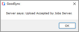 Screenshot showing confirmation of successful upload of Server Accounts to the GoodSync Control Center