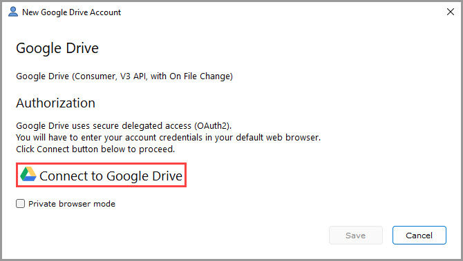 Screenshot showing how to start the process of adding a new Google Drive account in GoodSync