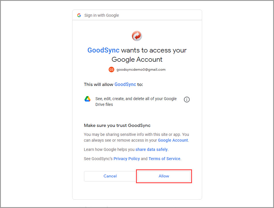Demonstrating how to grant GoodSync access to the Google Drive file system