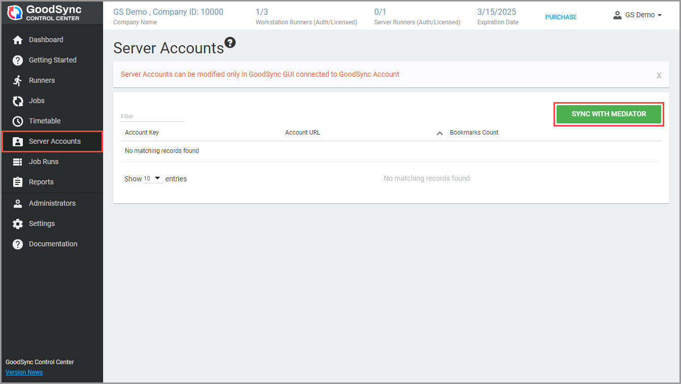 Screenshot of the GoodSync Control Center showing how to access the 'Server Accounts' section and initiate Account Sync