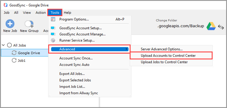 Screenshot illustrating how to Upload Server Accounts to the GoodSync Control Center from GoodSync for Windows