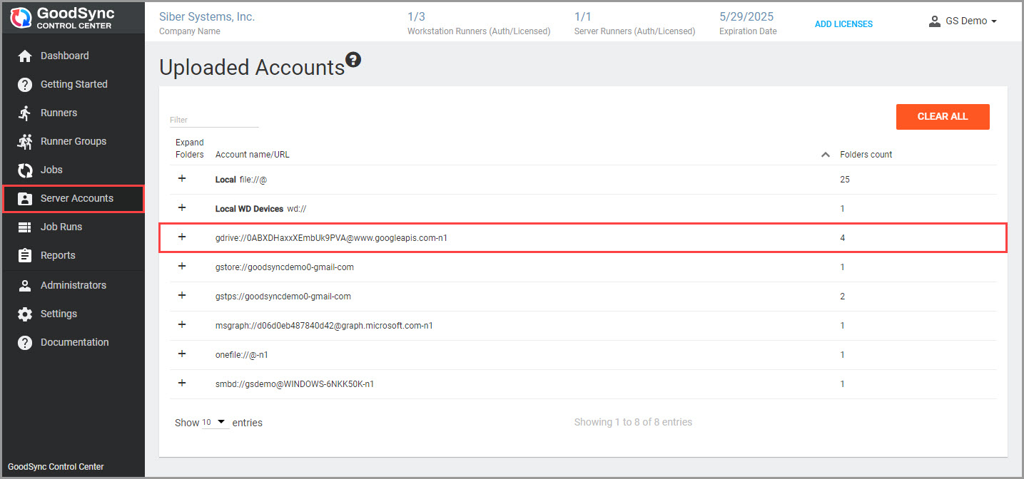 Screenshot of the GoodSync Control Center showing the list of Server Accounts uploaded from GoodSync for Windows