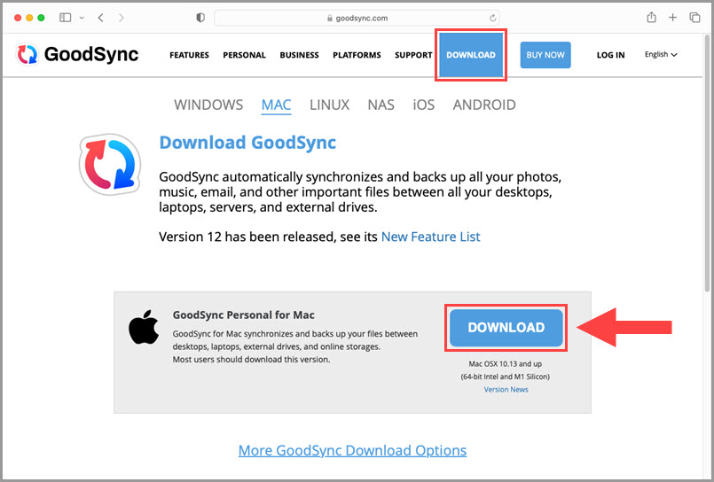 Demonstrating how to download the latest installer of GoodSync for Mac