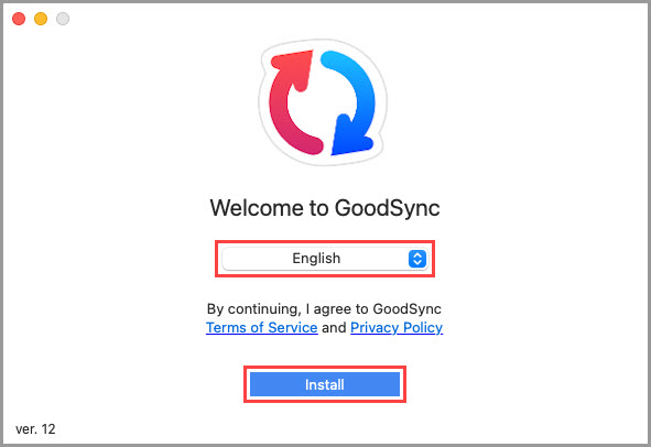 Screenshot of the GoodSync for Mac installer showing how to select a language and initiate the installation process