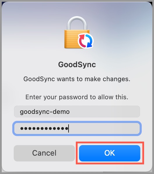 Screenshot showing how to enter macOS user credentials to grant GoodSync permission to make changes to the system