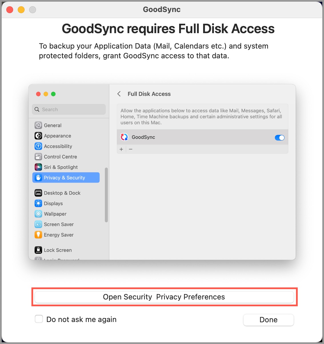 Screenshot of the GoodSync window requesting Full Disk Access permissions