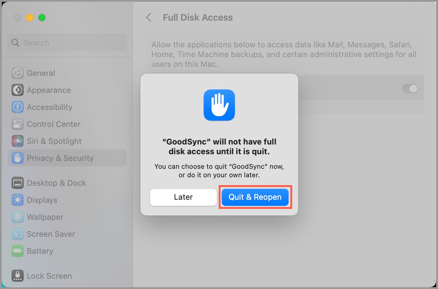 Screenshot of the macOS System Settings showing how to quit and reopen GoodSync after granting Full Disk Access