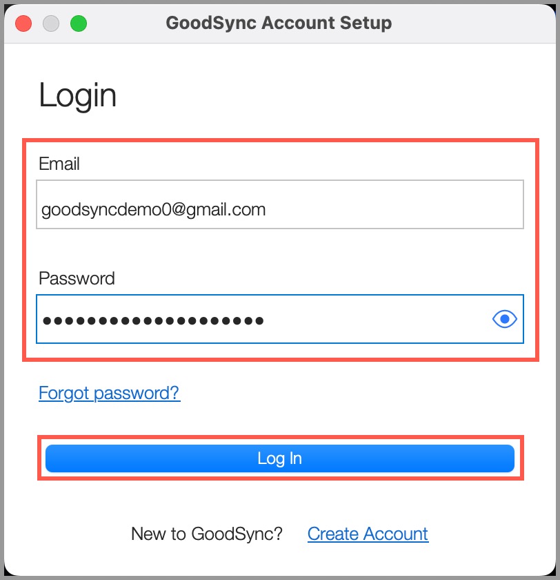 Demonstrating how to log in with an existing GoodSync Account in GoodSync for Mac